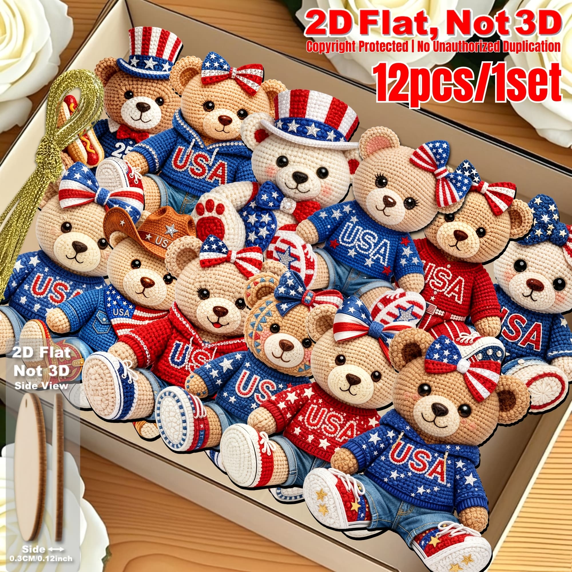 TEMU 2d Flat, 12pcs Kenitted Style Patriotic Teddy Bear Wooden Ornaments, & 250th Anniversary Party Favors, Wedding Return Gifts, Day Home & Holiday Decorations
