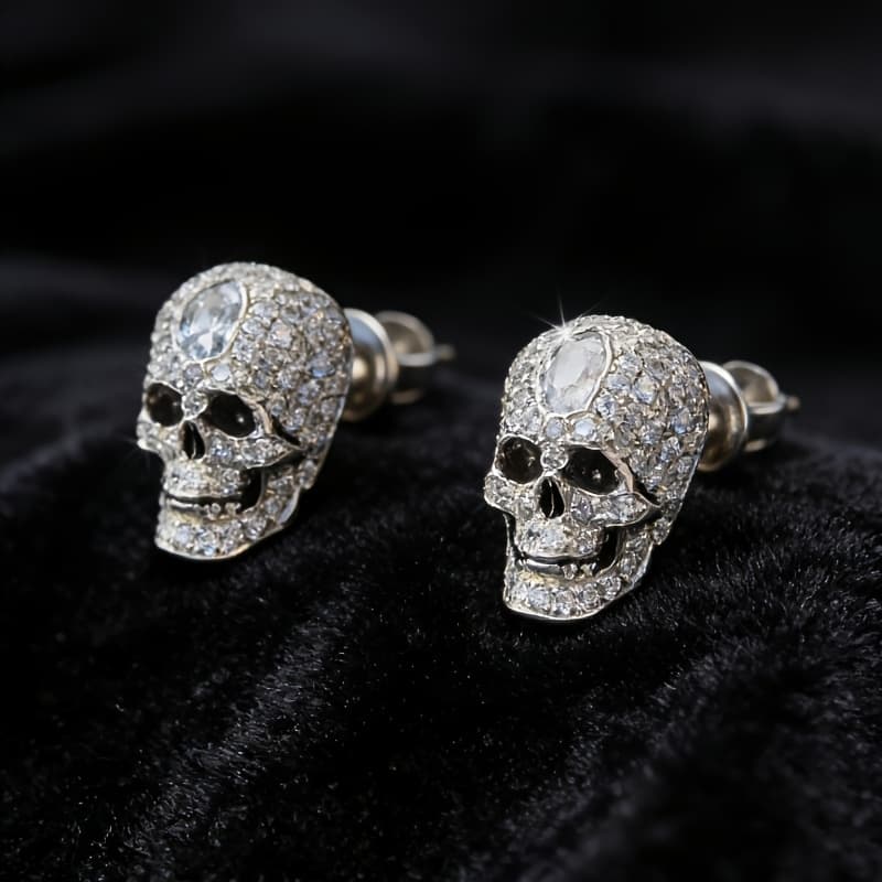 TEMU 1-pair Gothic Sparkling Synthetic Cubic Zirconiaia Skull Earrings For - Edgy Glittering Skull-stud Ear Suitable For Nightclub, Date Night & Daily Wear