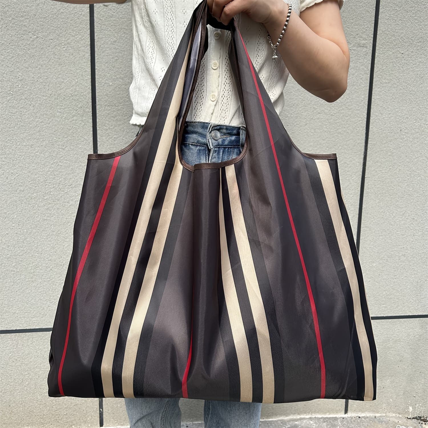 TEMU Women's Large Capacity Lightweight Foldable Tote Bag - Coffee Striped Casual Nylon Shopping Bag With Fixed Shoulder Straps & Wrist Strap, Machine Washable For Everyday Use