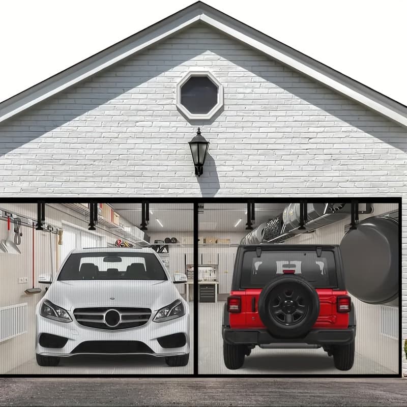 TEMU 1pc Upgraded 2 Car Garage Door Screen, 78.74x157.48inch Retractable Magnetic Mesh With Heavy-duty Pet, Hand-, Quiet Soft Magnets, Windproof, Includes Install Accessories