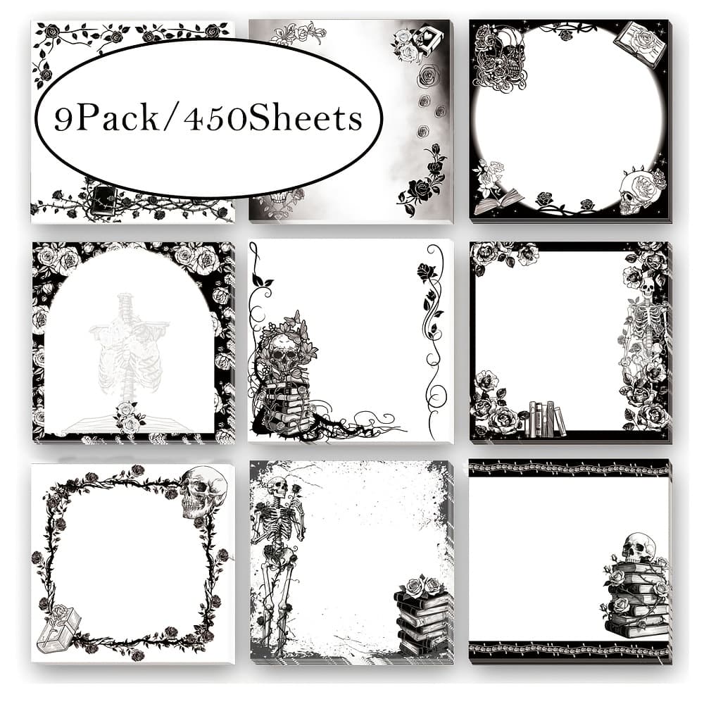 TEMU Gothic Sticky Notes Gifts 9 Pack (450sheets) Black Sticky Notes, 7.5cm Goth Office Supplies For Book Lovers, Goth Self-stick Notepads, Creepy Spooky Memo Post Pads 450 Sheets