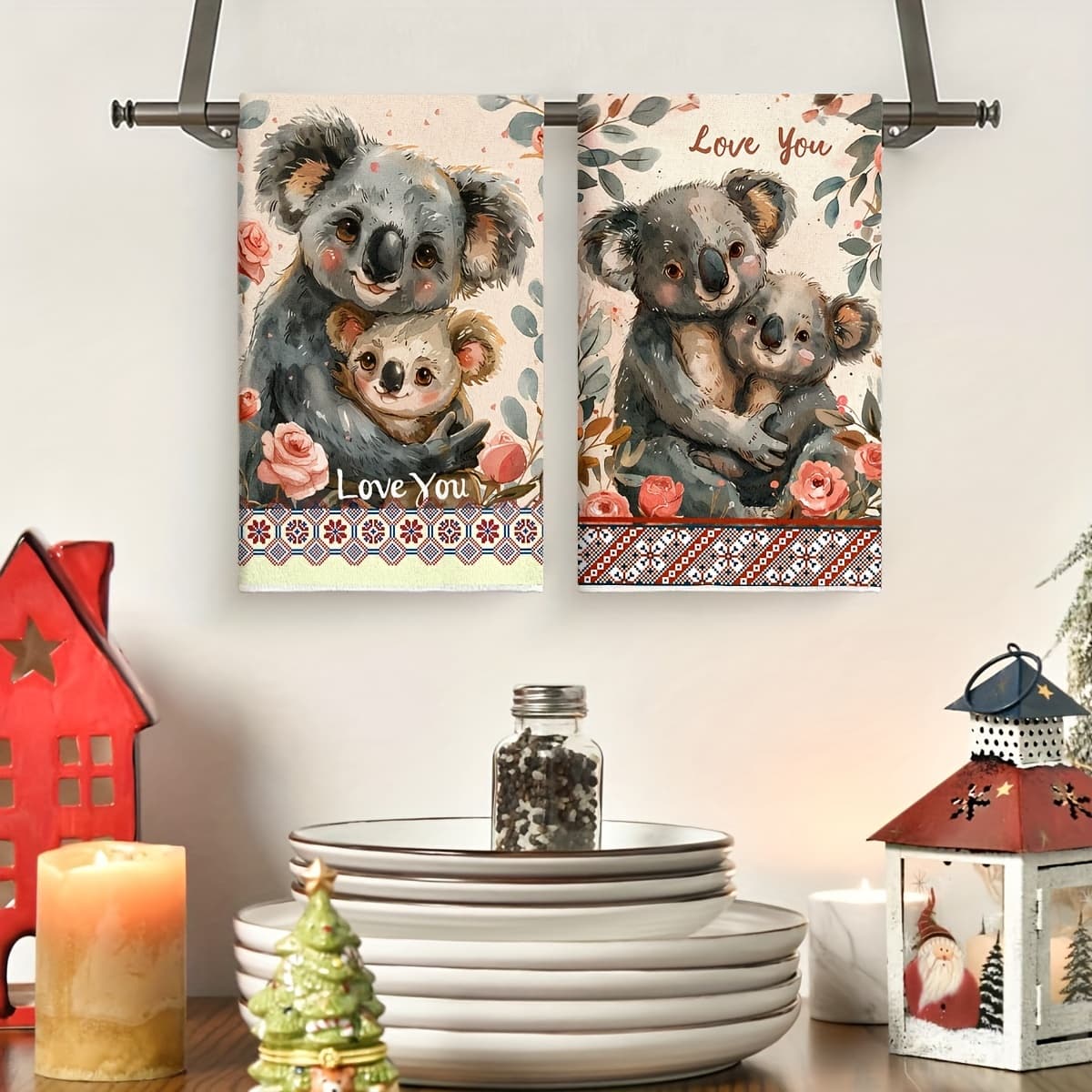 TEMU 2pcs Adorable Koala Cartoon Hand Towels - Ultra Absorbent, 100% Polyester Kitchen Drying Cloths With "love You" Design, Perfect For Cooking & Baking, Room Decor