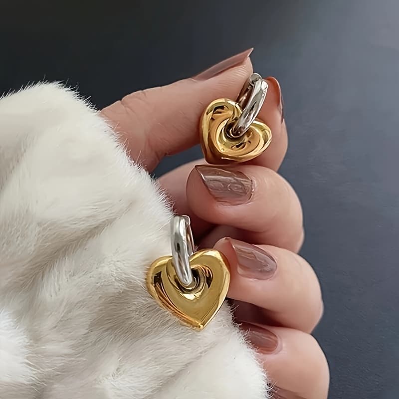 TEMU 2pcs European And American Chic Two-color Heart-shaped Cute Peach Heart Pendant Design Earrings, Stainless Steel Fashion Jewelry Stud Earrings, Suitable For Women' Party Wear