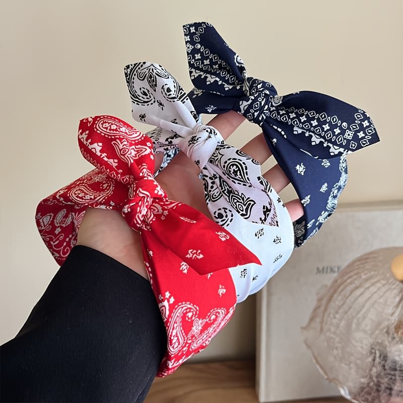 TEMU 3pcs Fashion Paisley Bow Headband, European And Wide-brim Vintage Knotted Face-washing Headband Hair Accessory