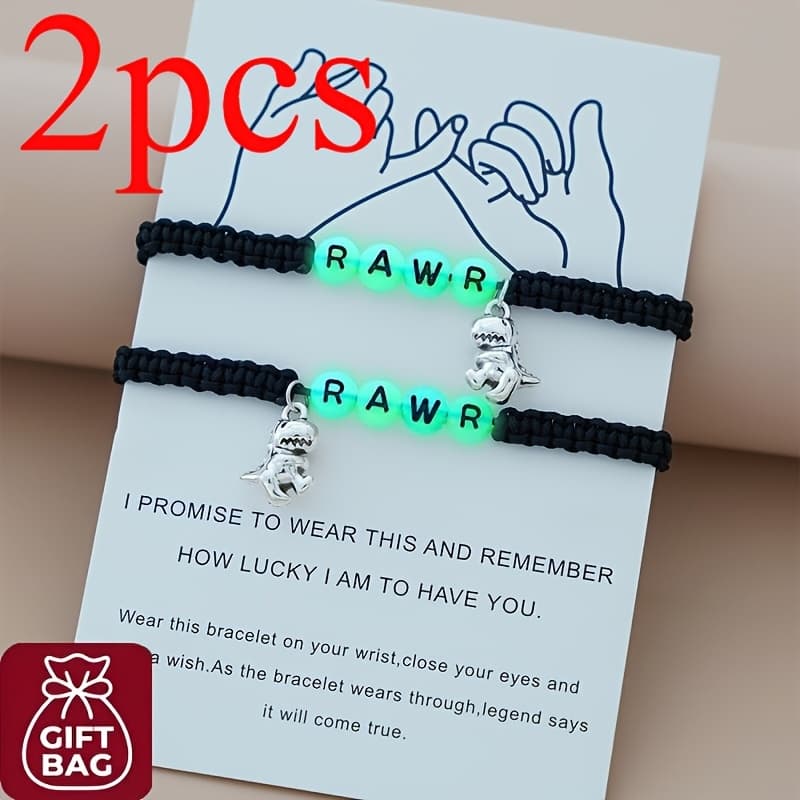 TEMU 2/6pcs Of Glowing Beads, Black Rope Woven Bracelet Set (with Gift Bag), Adjustable Bracelet With Dinosaur Pendant Jewelry Set, With Music Festival Gift Card