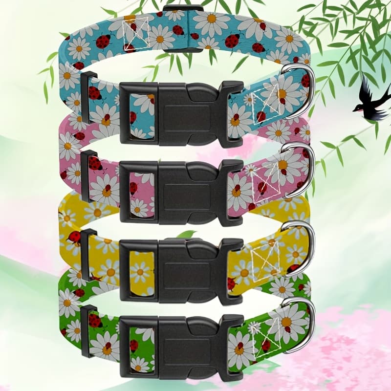 TEMU 4pcs Dog Collar Set, Pink Floral Boy Girl Puppy Collars, Suitable For Medium To Small Dogs, Adjustable Pet Collars, Pink Floral Safety Buckles (size S)