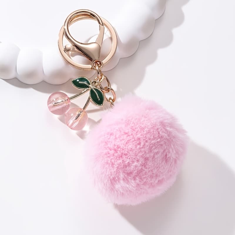 TEMU 1pc Hairy Ball Cherry Keychain, Fashionable Classic, Warm, Sweet And Romantic Winter Style, Car Bag Pendant Gift, Gift For , Souvenir Gift