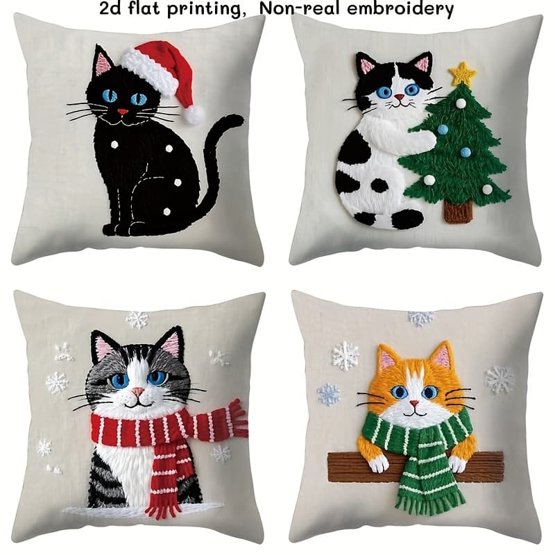TEMU Set Of 4 Decorative Pillow Covers Featuring A Festive Cat Design, Measuring 44.96cm X 44.96cm, Made Of Polyester With A Zipper For . Perfect For Decoration, Inserts Are Not Included