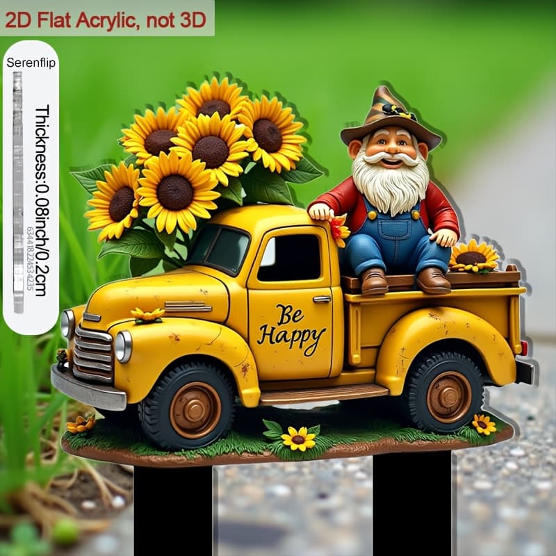TEMU 2d Flat - 【2d Flat】 1pc 2d Flat Acrylic 9.06 In Soil Stake With Pointed End Gnomes Sitting On A Sunny Truck For Beautifying Gardens And Lawns, Great For Flower Bed Decor And Special Gifts