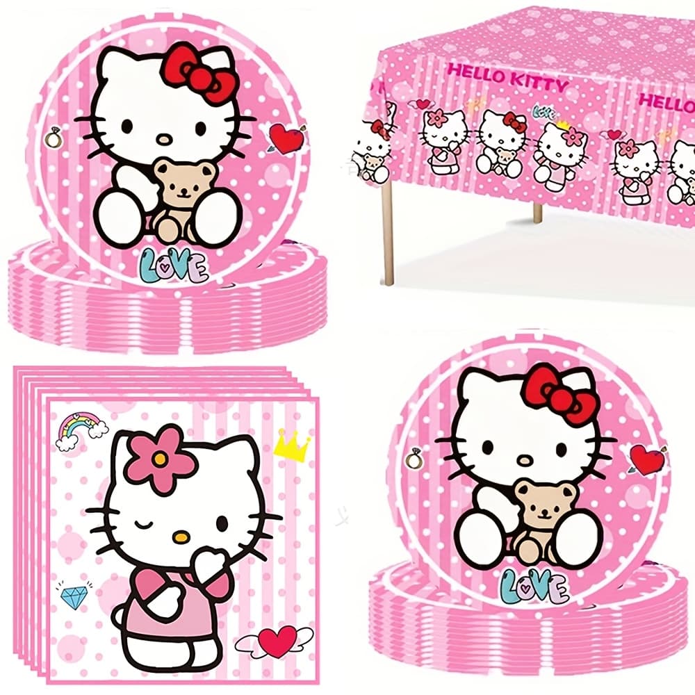 TEMU 41pcs/set Pink Hello Kitty Theme Party Set, Disposable Party Supplies Decoration Includes 20 Plates, 20 Napkins, 1 Tablecloth