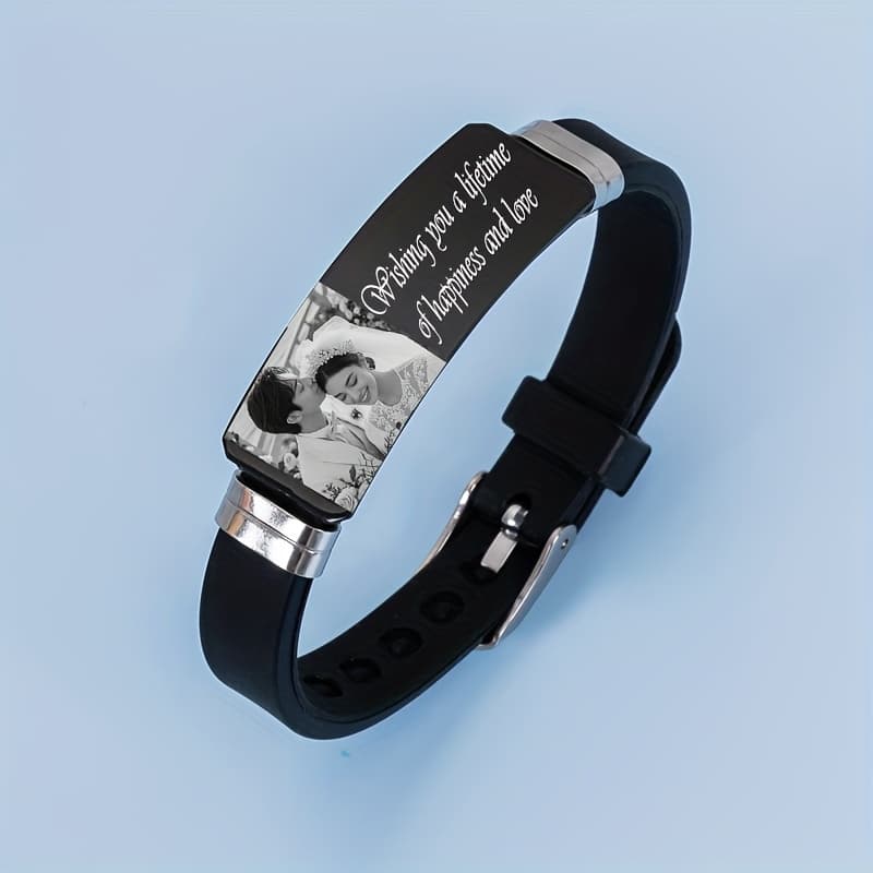 TEMU Custom Photo Text Couple Bracelet, Couple Strap, Personalized Couple Bracelet, Laser Engraved Picture Text Adjustable Band, Durable , Daily Wear, Creative Gift For Mother Father Friend