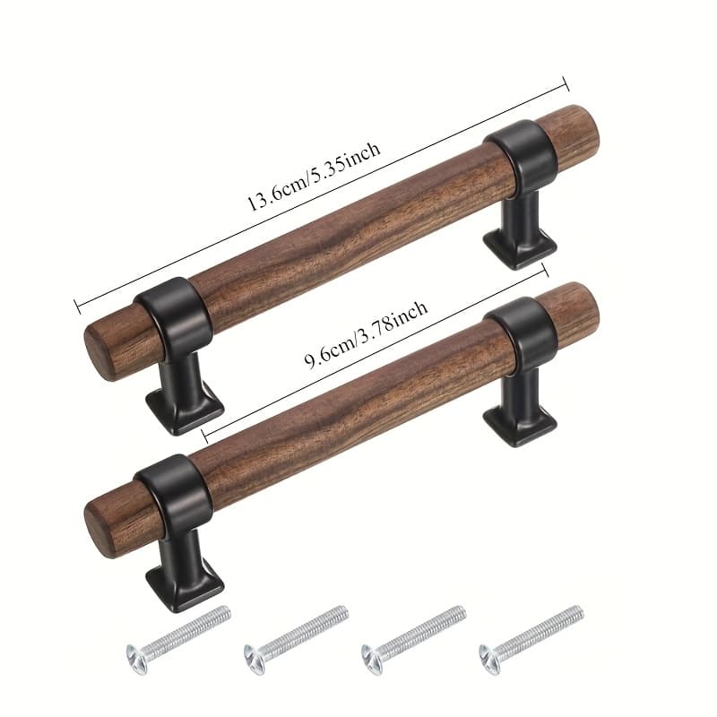 TEMU 2 Elegant Walnut Cabinet Drawer Pulls, Natural Wood Knobs With Black Alloy Base, 96mm/128mm Hole , Total Length 135mm/165mm, High-end Kitchen Furniture Additions, Wardrobe Handles