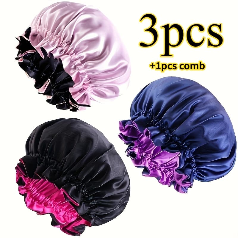 TEMU 3pcs Lace- Satin Bonnet + A Cute Little Comb Double-layer Contrasting Turban Hat Women' Hair Care For Long Hair Short Hair Universal