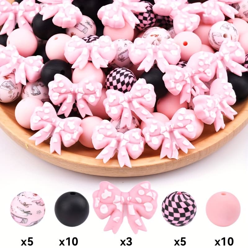 TEMU 33pcs Bow Silicone Bead Set - Perfect For Diy Keychains, Bracelets, And Pen Accessories | Multiple Colors And Patterns, Keychain Accessories | Beads - Beads And Bead Combinations