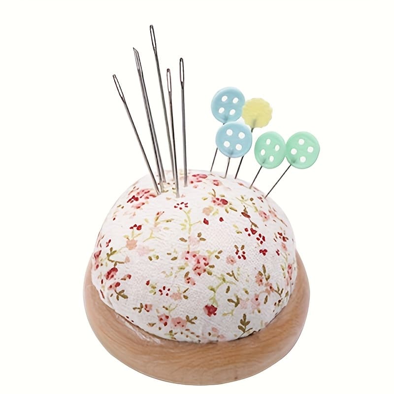 TEMU 1pc Floral Fabric Pin Cushion, Wooden Sewing Needle Holder, Embroidery Accessory Random Suit