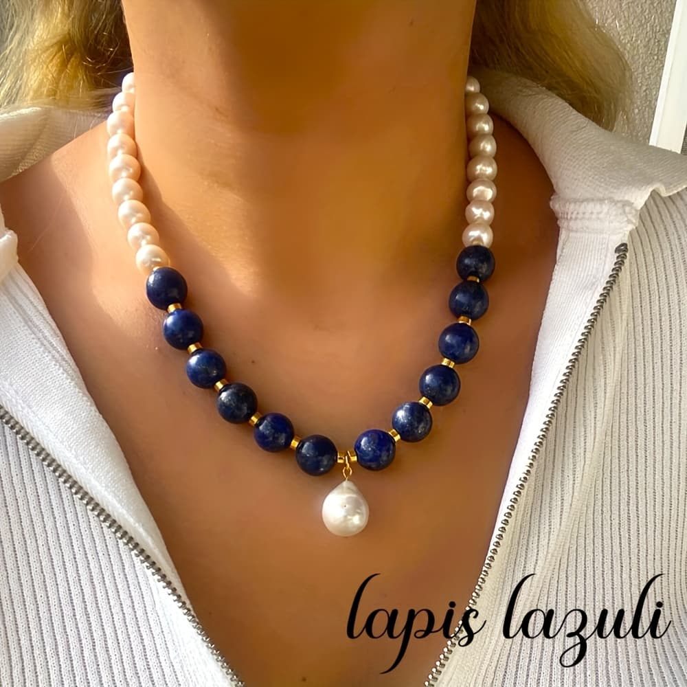 TEMU An Elegant Lapis And Pearl Necklace, Uniquely Beaded, Handcrafted As A Birthday Gift For Women.