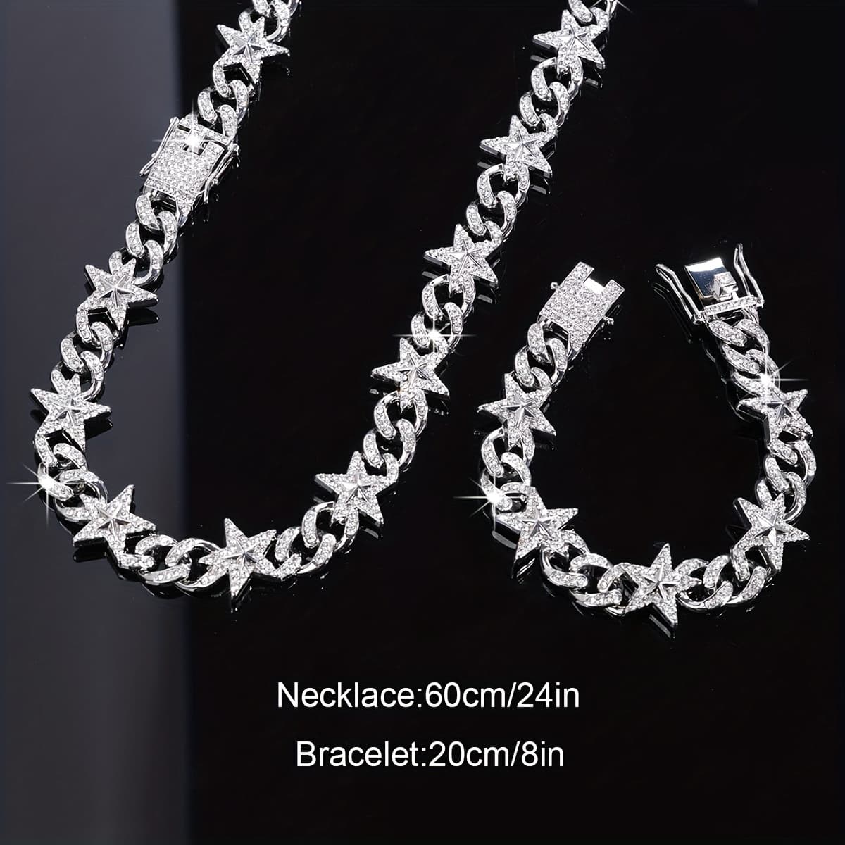 TEMU 2pcs/set Exquisite Cuban Chain Jewelry Set, Unisex Necklace Plus Bracelet, Men's Hip Hop Fashion With Shinny Decor, Perfect Gift For Son