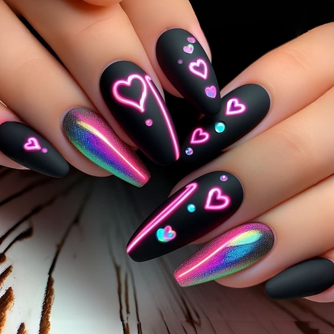 TEMU Valentine's Day Multicolor Heart Black Matte Press-on Nails