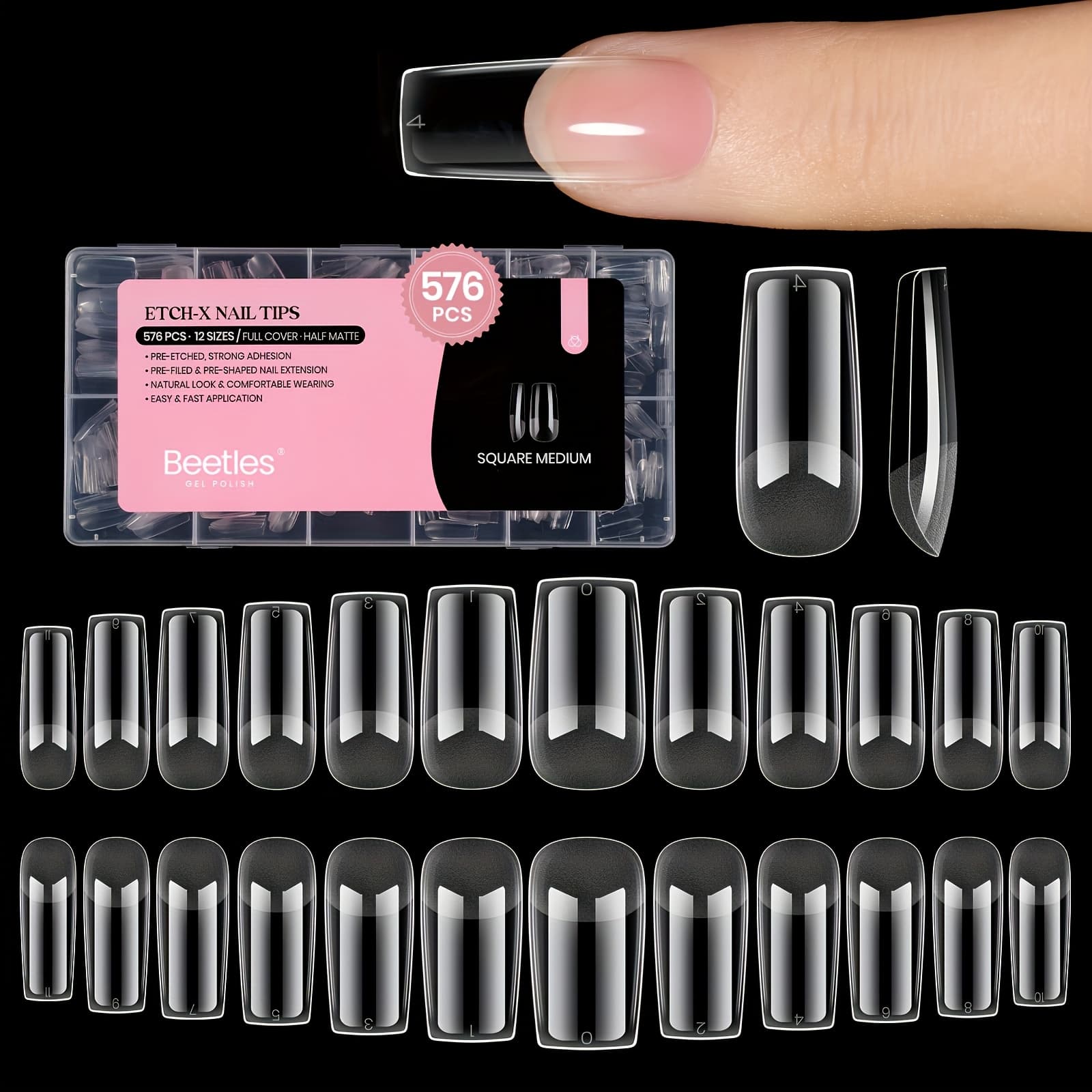 TEMU Tips Medium Square -x Nail Tips, 12 Sizes 576pcs Pre Shaped Soft Acrylic Nail Tips Half Matte False Nails Nail Art Full Cover Press Ons Nail Extensions Gift Set Home Diy Nail Salon
