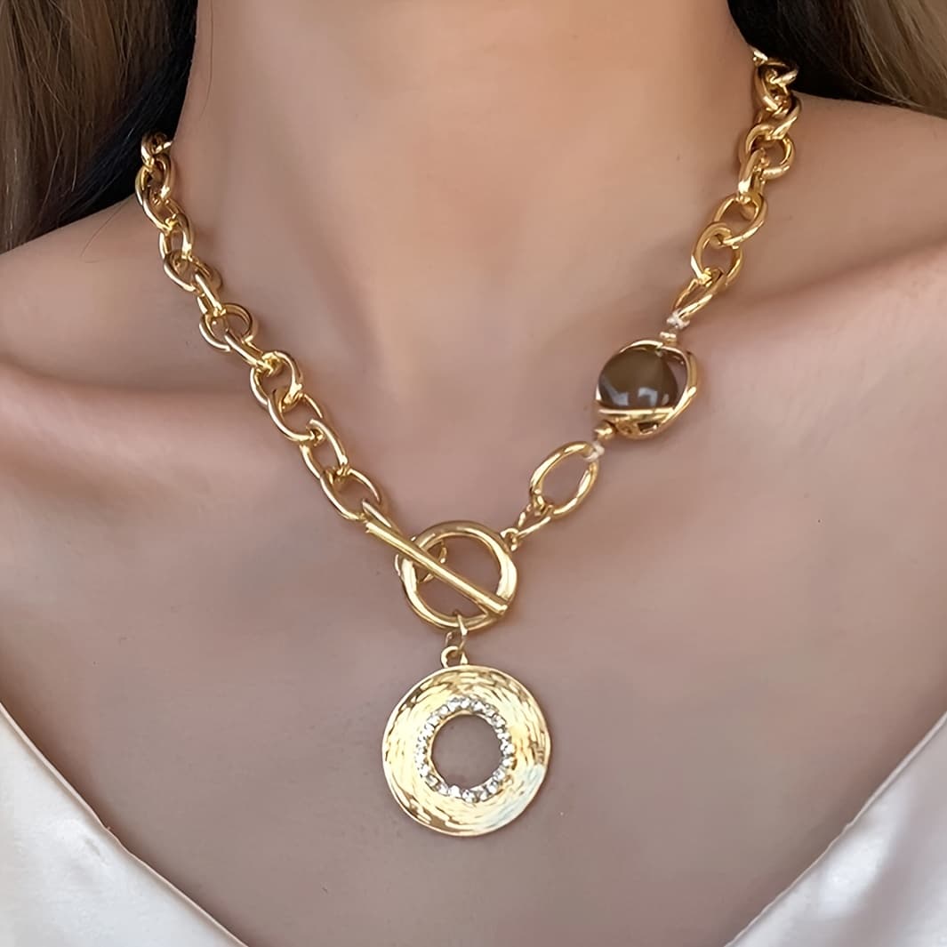 TEMU 1pc Elegant Synthetic Cubic Zirconiaia Alloy Necklace With Hollowed-out Discs, Distressed Style Pendant Necklace, Jewelry Suitable For Men And Women For Daily And Vacation Wear