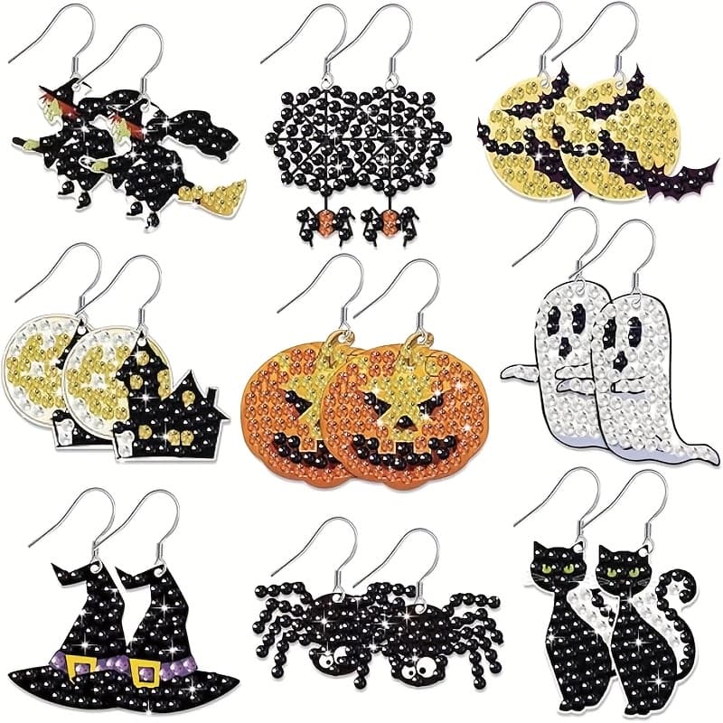 TEMU 9 Pairs Of Halloween Diamond Painting Earrings Diy Earring Making Kit 5d Pendant Drop Earring Kit