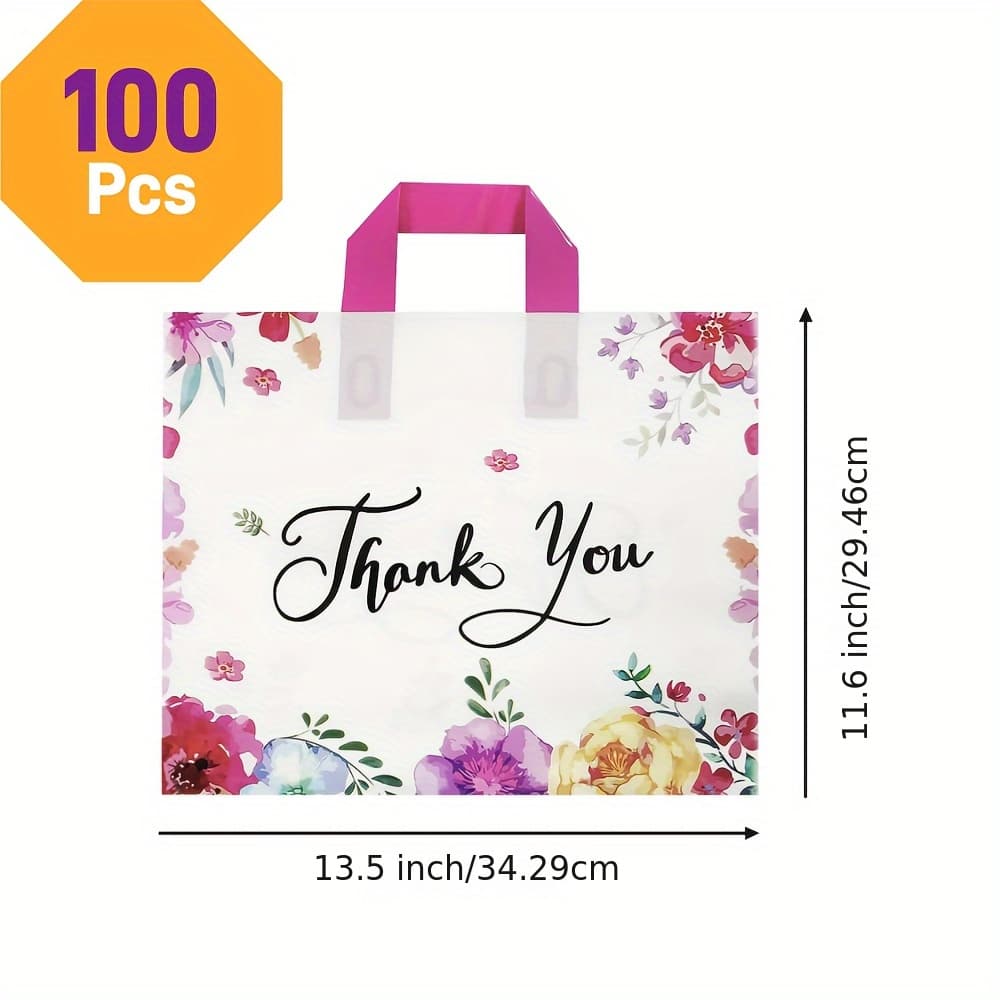 TEMU 13.5'' X 11.6'' 100pcs "thank You" Gift Bag Plastic Flower Shopping Bags With Handles Flowers Reusable Merchandise Bags, Tote Bag For Boutique, Clothing, Retail, Party