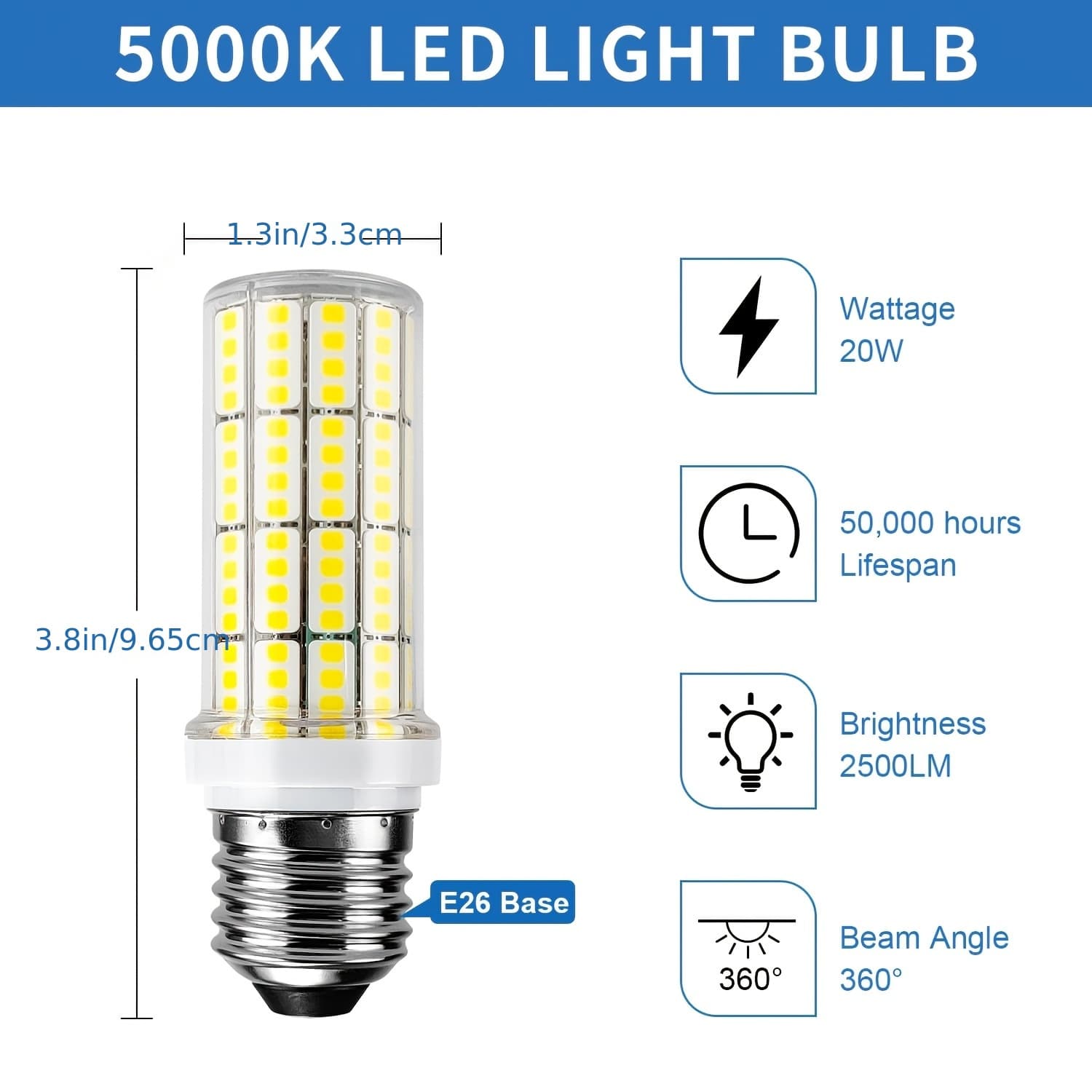 TEMU 4pcs E26 Led Corn Light Bulbs, 20w, 2500 , 5000k Cool Daylight White, Non-flicker, Hardwired, Screw Base, For Ceiling Fan & Indoor Home Kitchen Use