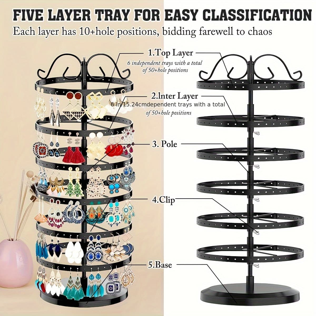 TEMU Tier Rotating Tier Jewelry Display Stand Earring Holder Organizer For Women, Adjustable Metal Holes Earring Tree - Black,