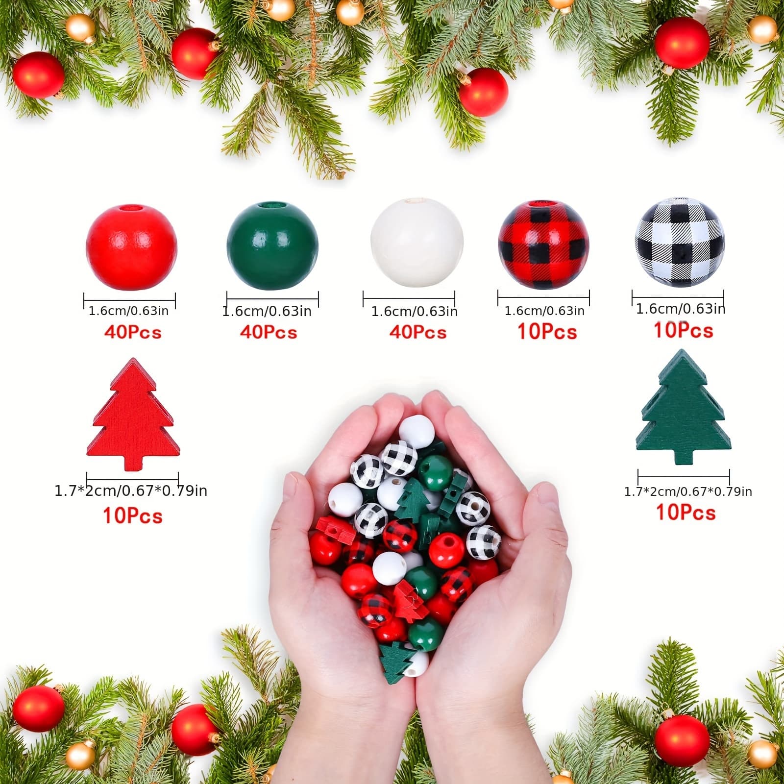 TEMU Efrey 160 Christmas Woodworking Beads Christmas Tree Shapes Buffalo Grid Beads Red Green Beads Farmhouse Christmas Decorations With Hemp Rope, Used For Christmas Home Decoration
