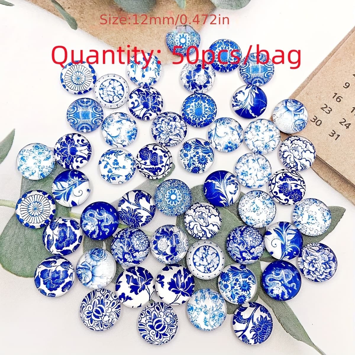 TEMU 50pcs (25 Pairs) 12mm Mix Styles Porcelain Glass Cabochons, Handmade Materials, Diy Handmade Materials