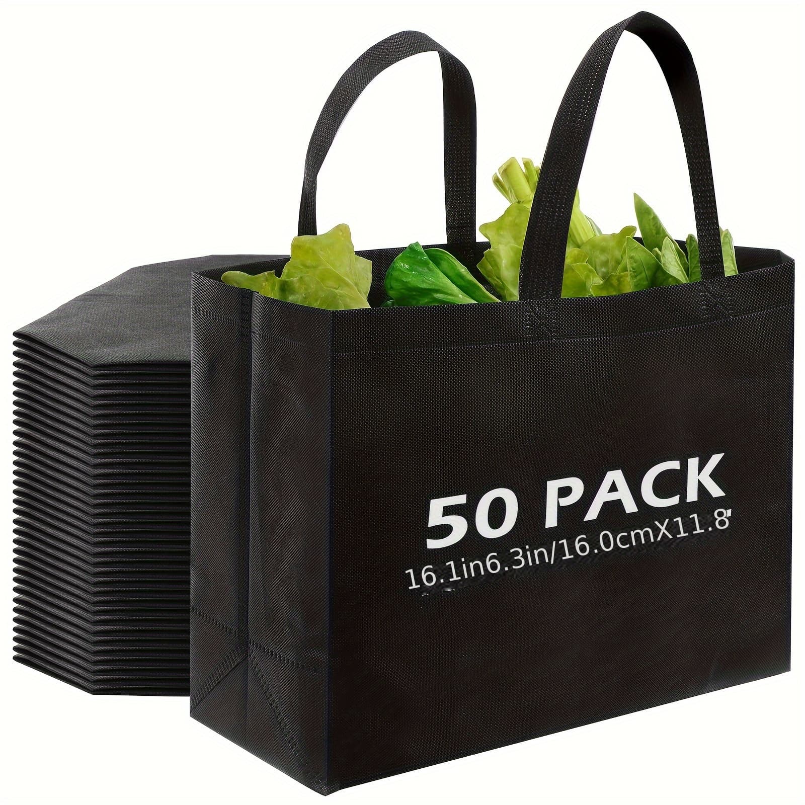 TEMU 50pcs Reusable Tote Bag With Handles Bulk Extra Large Non Woven Grocery Shopping Bags For Boutiques Retail Store(black)