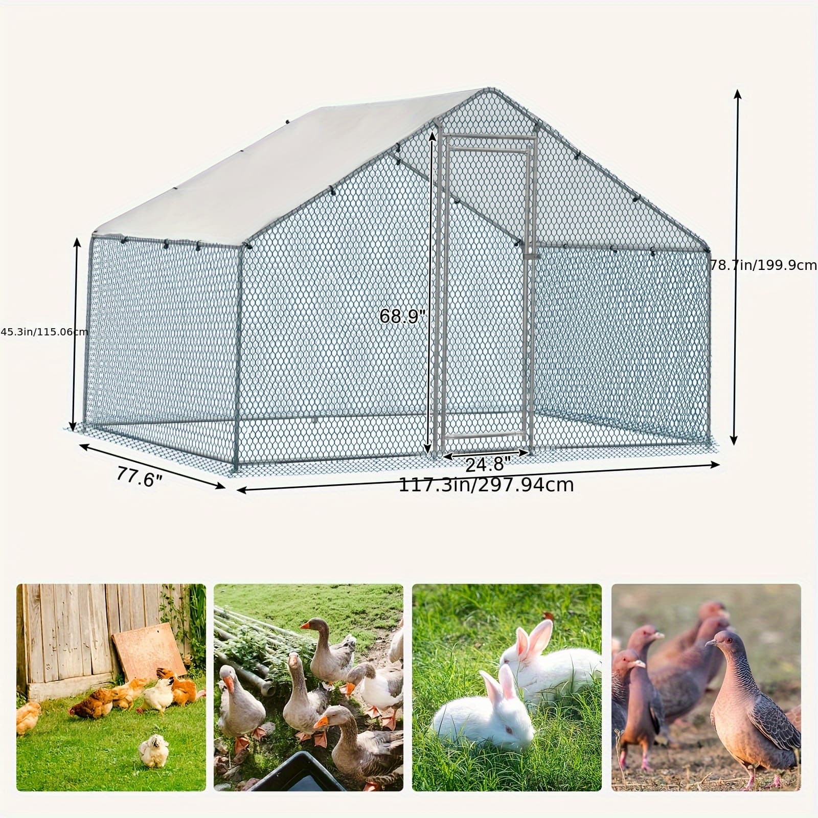 TEMU 20 X 10ft Large Metal Chicken Coop, Walk-in Poultry Cage Chicken Hen With Waterproof Cover, Rabbits Farm Pen For Outdoor Garden
