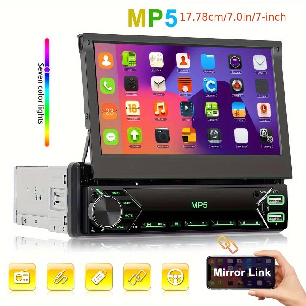 TEMU 1 Din 7-inch Hd Retractable Touch Screen Car Stereo Single Din Car Mp5 Music Player With Aux Colorful Backlight Usb Fm Radio Receiver