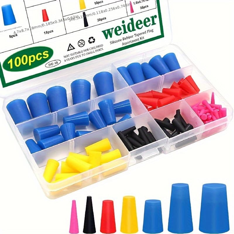 TEMU 100pcs Silicone Rubber Tapered Plug Assortment Kit - 7 Size 1/16" To 1/2" For Hole Plugs, Powder Spraying, Painting