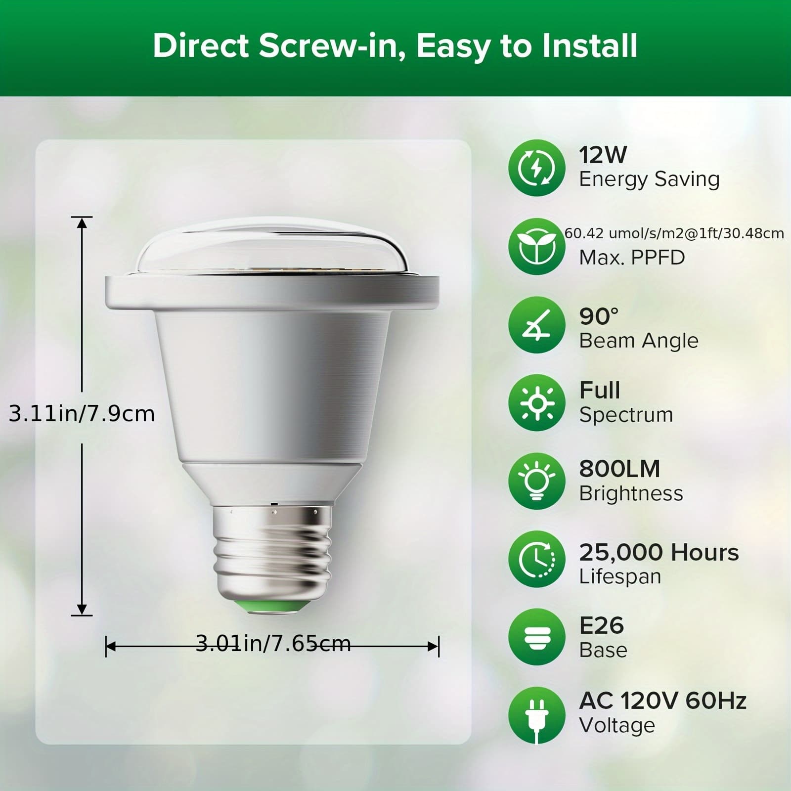 TEMU Sansi 12w Led Grow Light Bulb, Br20 Full Grow Bulb Featuring An Optical Lens For High Ppfd, 5000k Natural Daylight White, With A Of 25, 000 Hours, Ideal For Indoor Plants