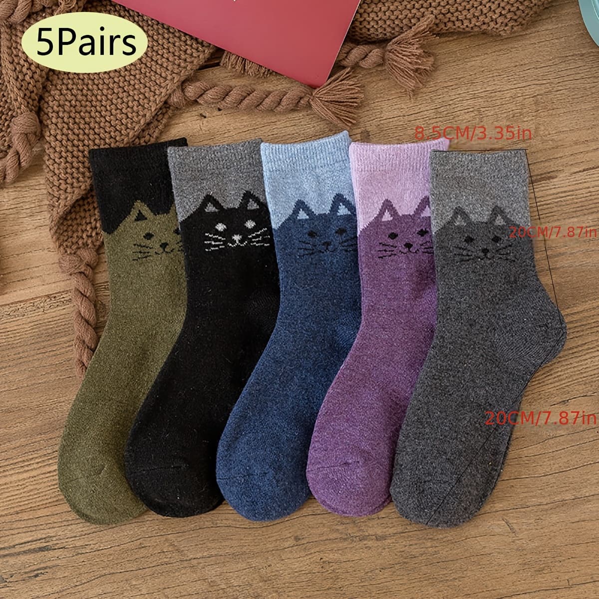 TEMU 5-pack Women's Warm Wool Crew Socks - Thick, Cozy, And Stylish With Adorable Cat Patterns, Perfect For Autumn And Winter
