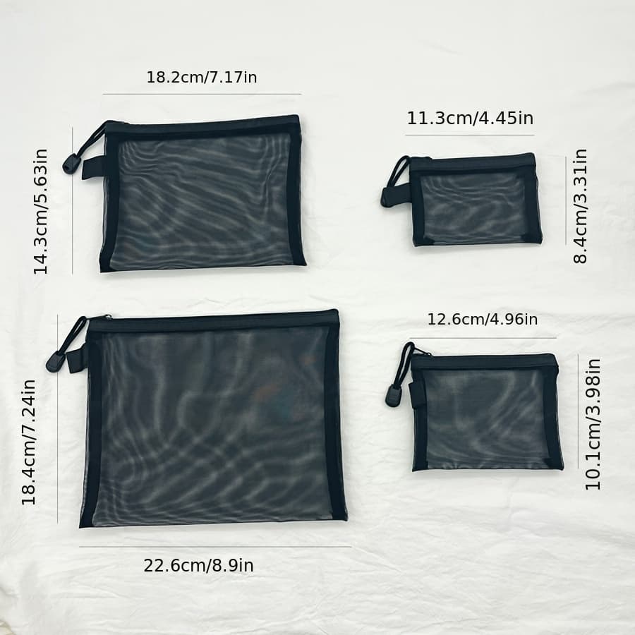 TEMU 4pcs Fashion Nylon Storage Set - Breathable Mesh, Travel Makeup Bag, Stationery And Accessories Storage Bag With Zipper, Portable Zipper Pouch - Multi-functional Storage