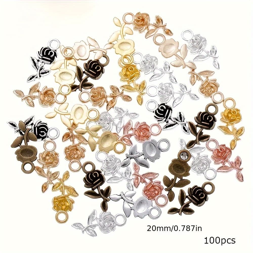TEMU 100pcs Charms Flower Rose Pendants, Retro Bronze Silvery Pendants For Diy Bracelet Necklace Accessories