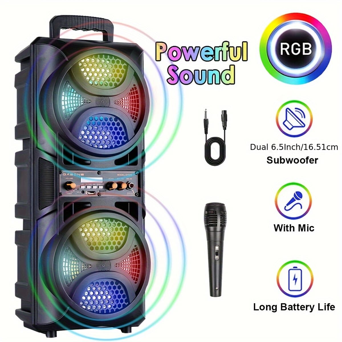 TEMU Dual 6.5" Woofer Portable Wireless Subwoofer Heavy Bass Sound Stereo Pa System Karaoke Aux Lights Fm With Microphone, Car Stereo Receivers Usb Rechargeable
