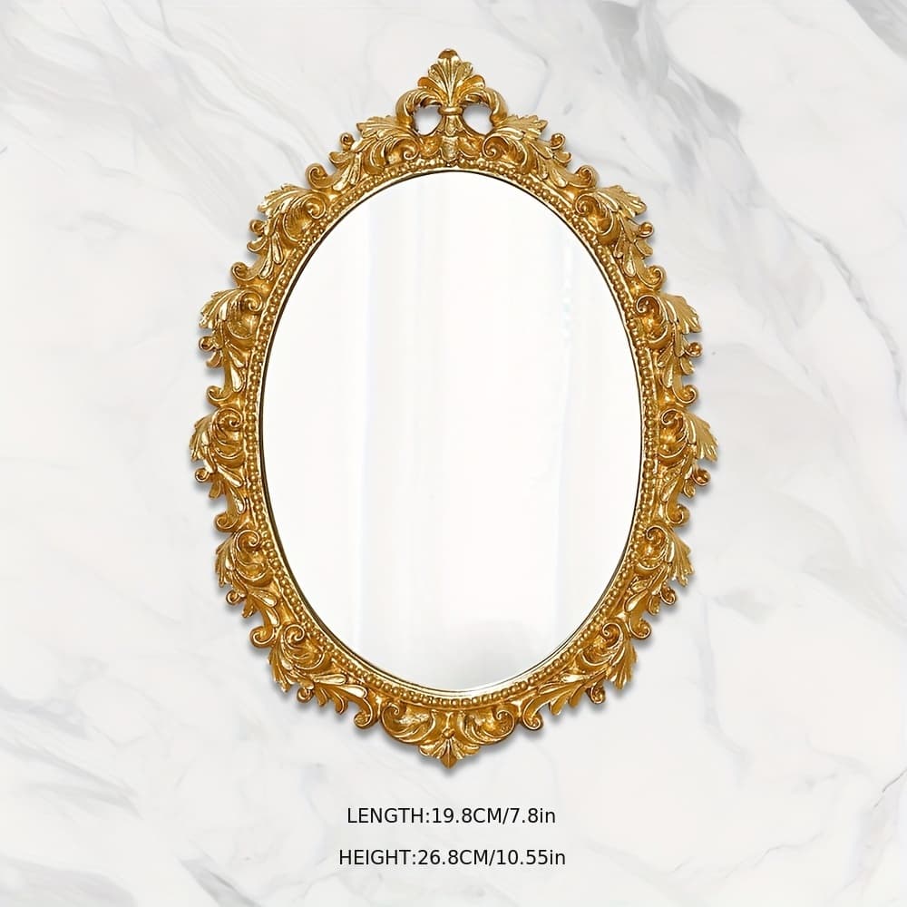 TEMU French Classical Carved Mirror Retro Light Luxury Resin Carved Makeup Mirror Oval Decorative Wall-mounted