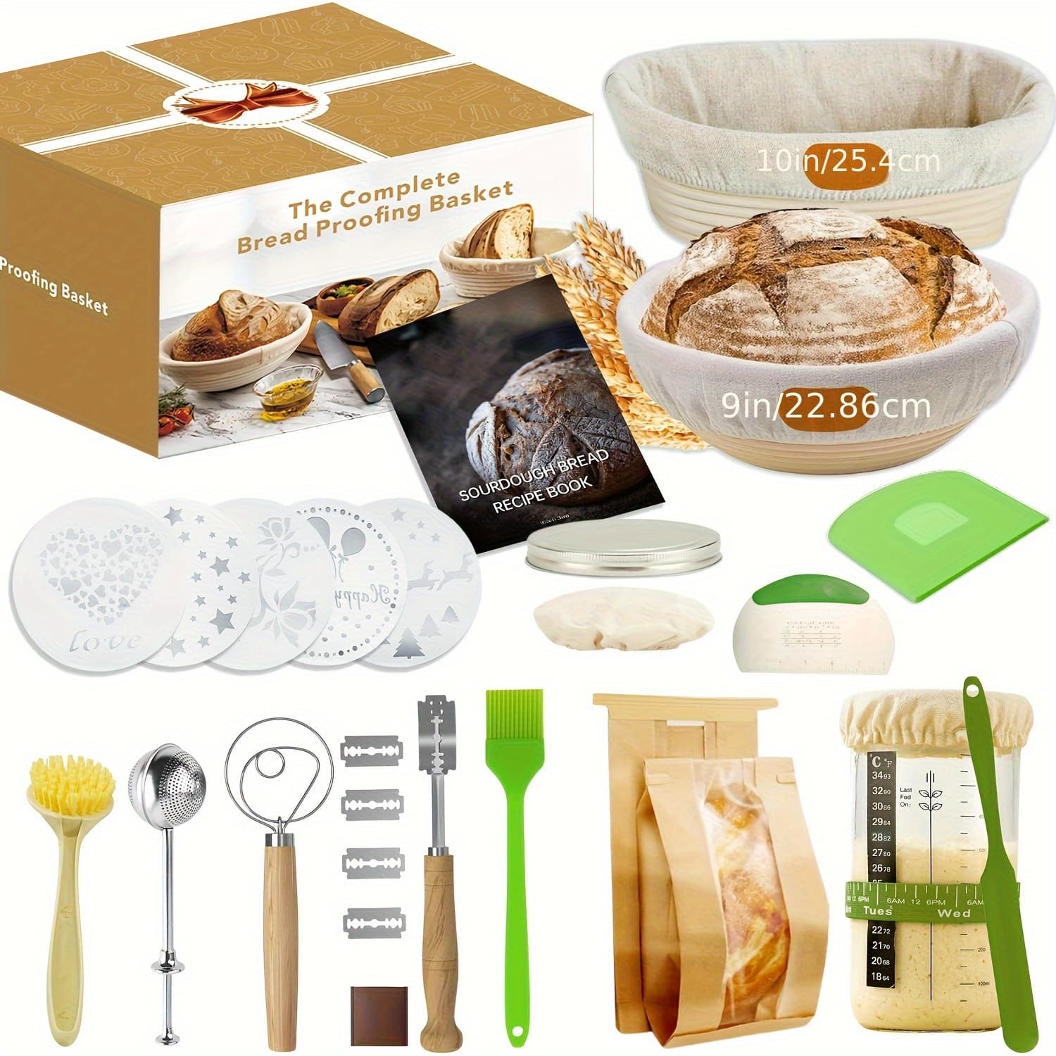 TEMU Complete Sourdough Starter Kit, Bread Baking Supplies, Bread Proofing Basket With Glass Sourdough Starter Jar, Bread Making Tools, Sourdough Kit Gifts For Bakers