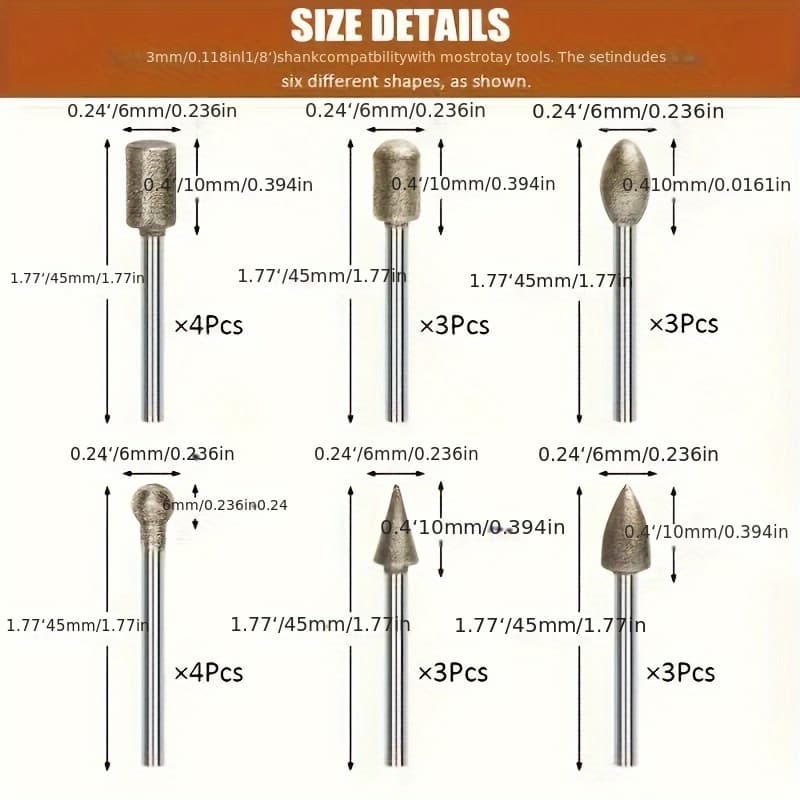 TEMU 20pcs/set Diamond Grinding Burr Drill Bit Set, Rotary Tool Accessoriesstone With 1/8 Inch Shank For Stone Ceramic Glasscarving, Grinding, Polishing, Carving, Sanding