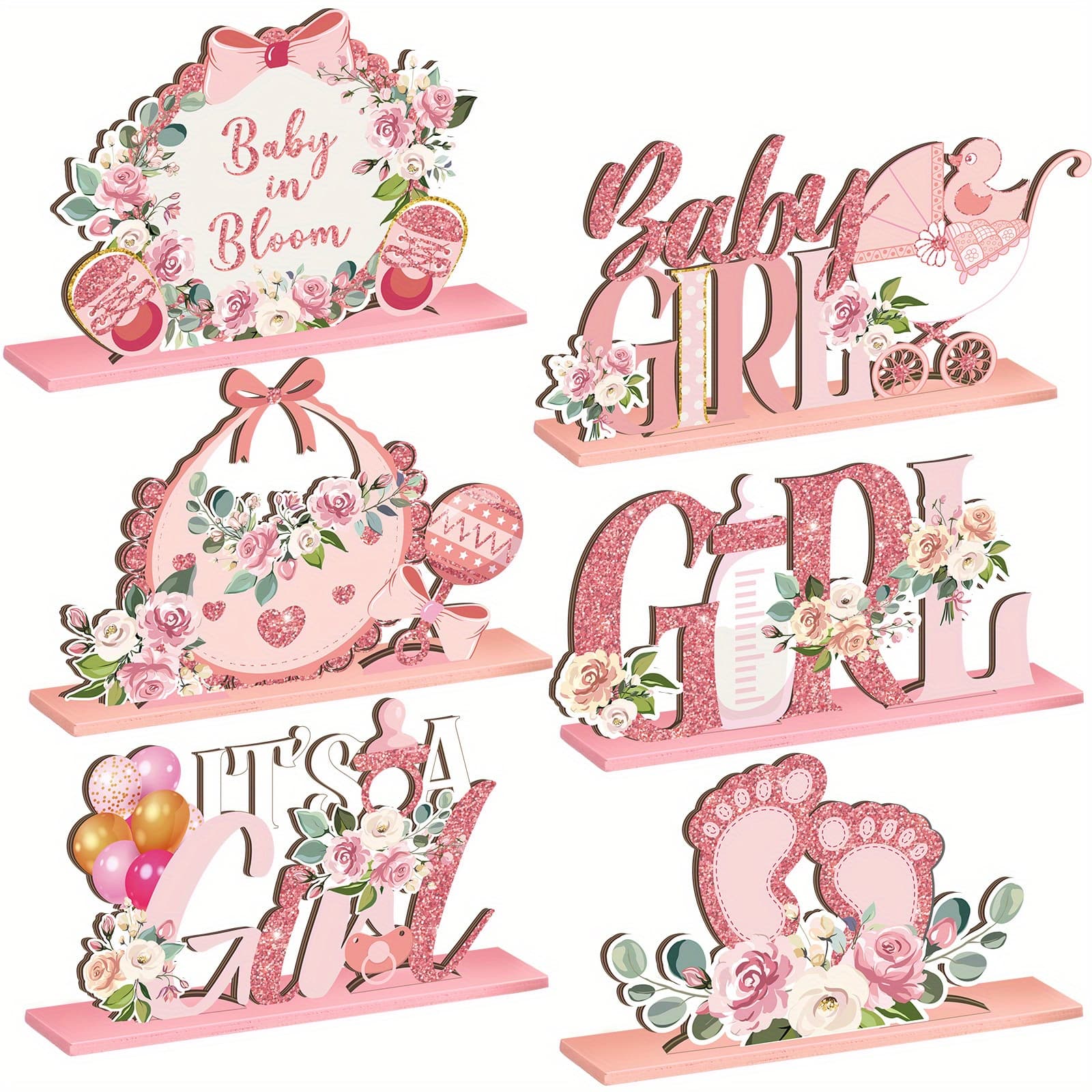 TEMU 6pcs Spring Floral Table Wooden Centerpieces In Display With Letters Pink A For Birthday Photo Props Summer Supplies