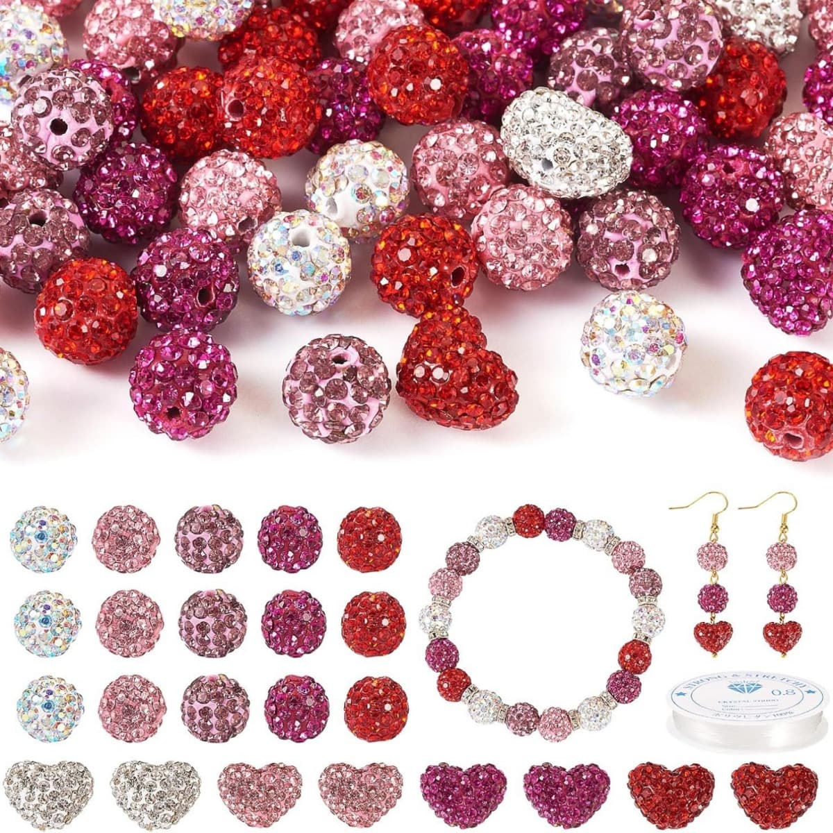 TEMU 63pcs Valentine's Day Bead Set, 10mm Beads, White Sparkly Clay With Elastic String For Bracelet Necklace