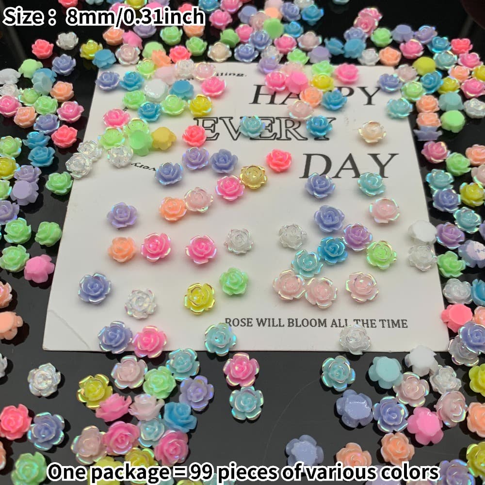 TEMU 99pcs Assorted 8mm Ab Resin Glitter Rose - Colored Flower Gems, Suitable For Scrapbooking, Wedding Decorations, And Diy Nail Art Crafts