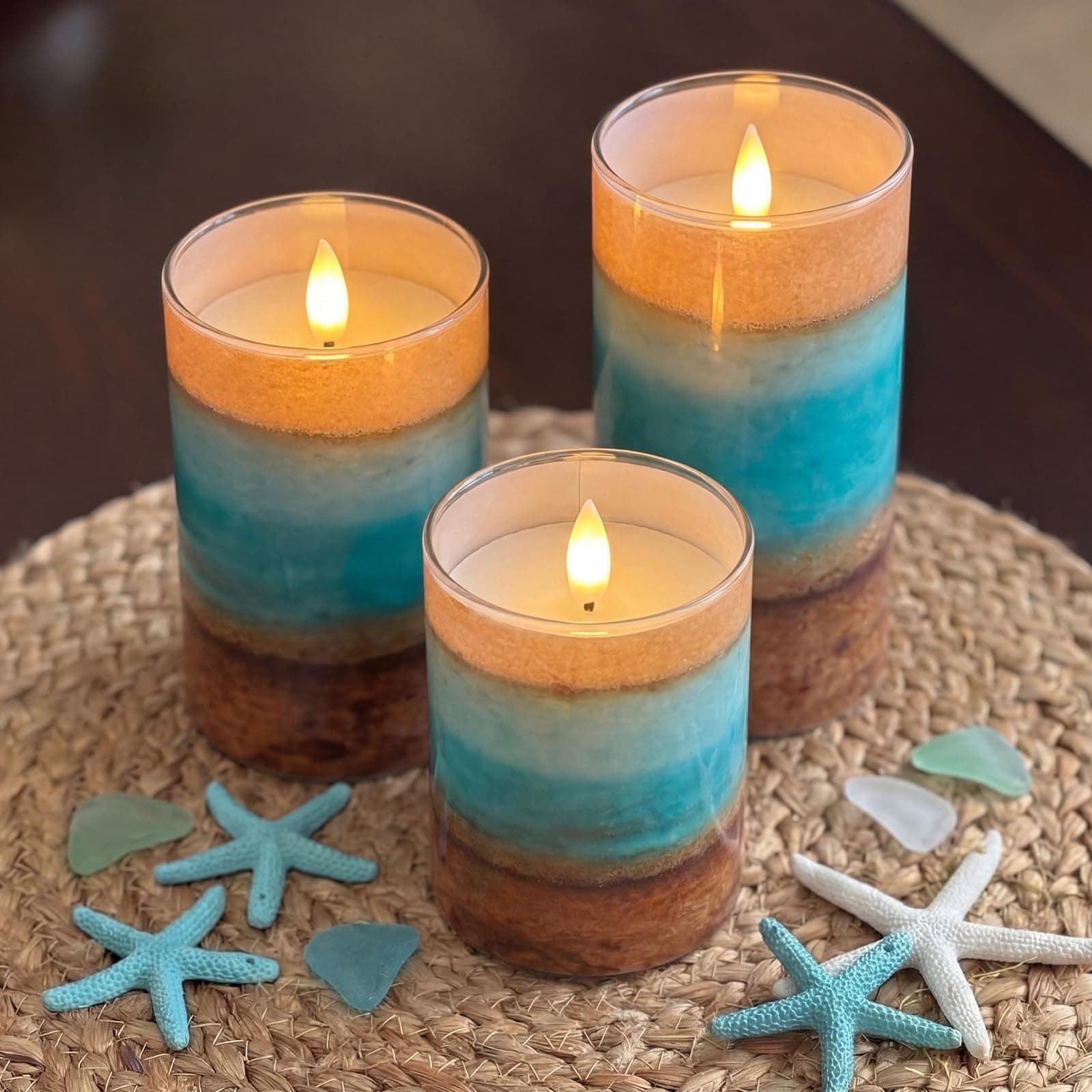 TEMU 3pcs Summer Ocean Flameless Candles, Teal Beach Led Pillar Candles, Battery Operated With Remote, Coastal Nautical Flickering Holiday Decorations & Gifts