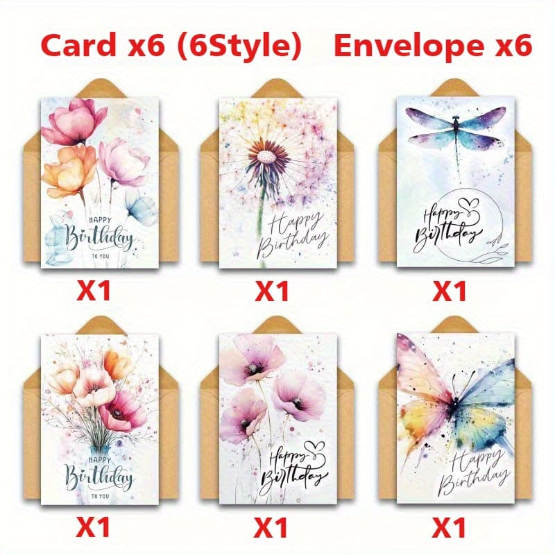 TEMU 12pcs Watercolor And Flower Birthday Cards With Envelopes, Perfect Greeting Cards For , Thank You For Women Men