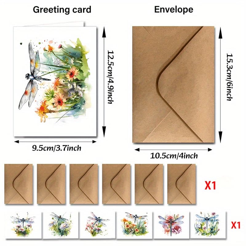 TEMU 12pcs Watercolor Dragonfly And Greeting Cards With Envelopes - Vibrant Floral Designs, Suitable For Birthdays, Weddings, Valentine's Day, And More, Perfect For Celebrations