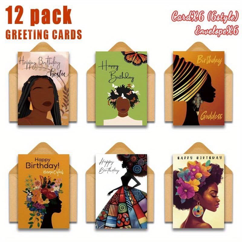 TEMU 12pcs Greeting Cards With Envelopes, Fun And Gorgeous Cartoon Illustration Birthday Cards For African American Women, Black Birthday Cards For Women, Party Gifts