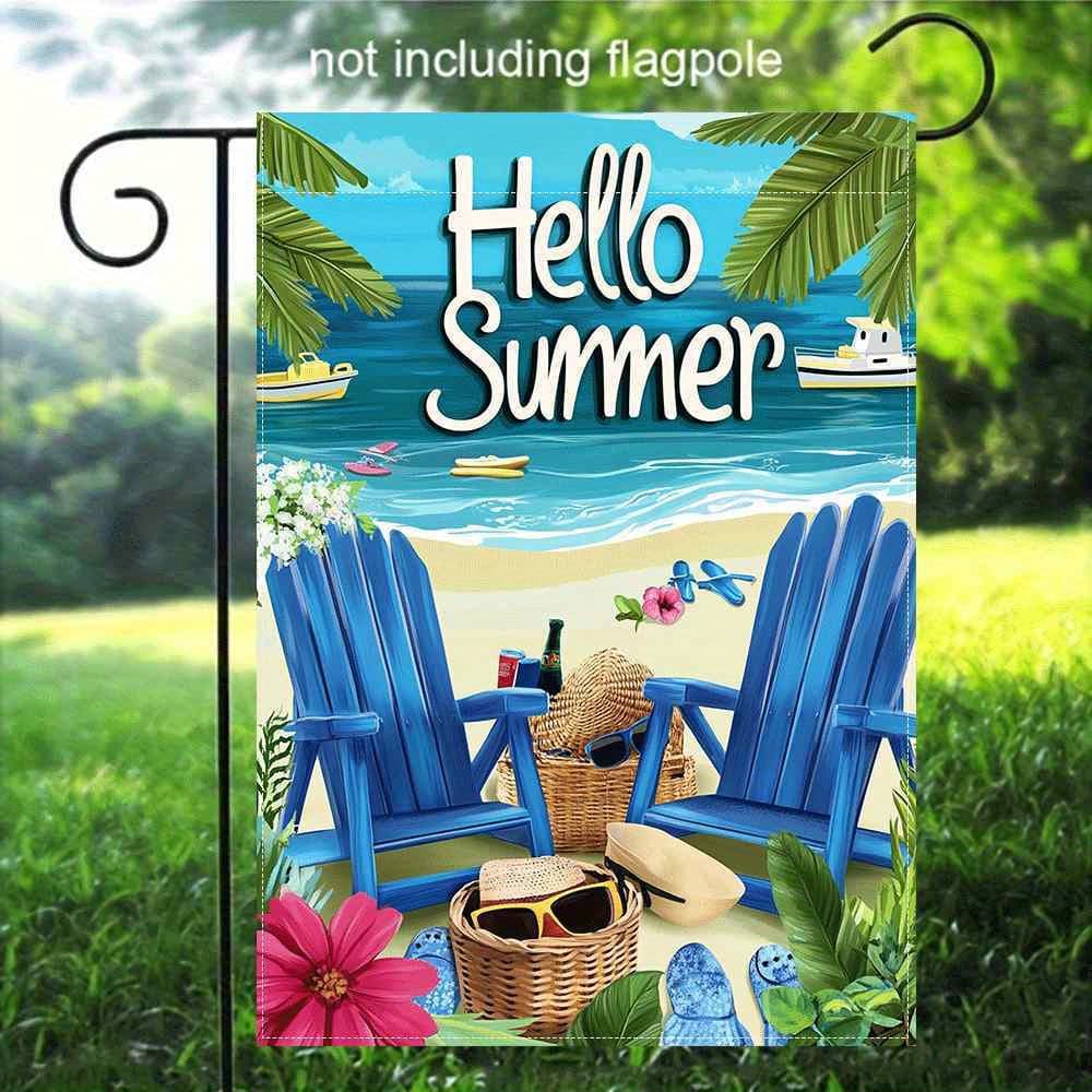 TEMU 2d Flat, 2d Printing Hello Summer Beach Scene Garden Flag - Print, Durable Blend, Blue & , No Pole Included, Perfect For Summer Outdoor Decor, Beach Theme Deco